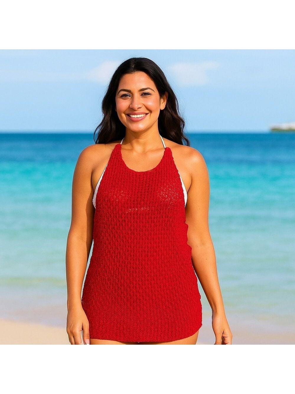 Red Crochet Knit Midi Dress Cover-up Sleeveless Large